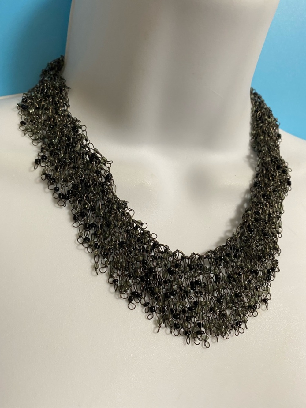 Black Beaded & Metal Fringe Boho Statement Necklace